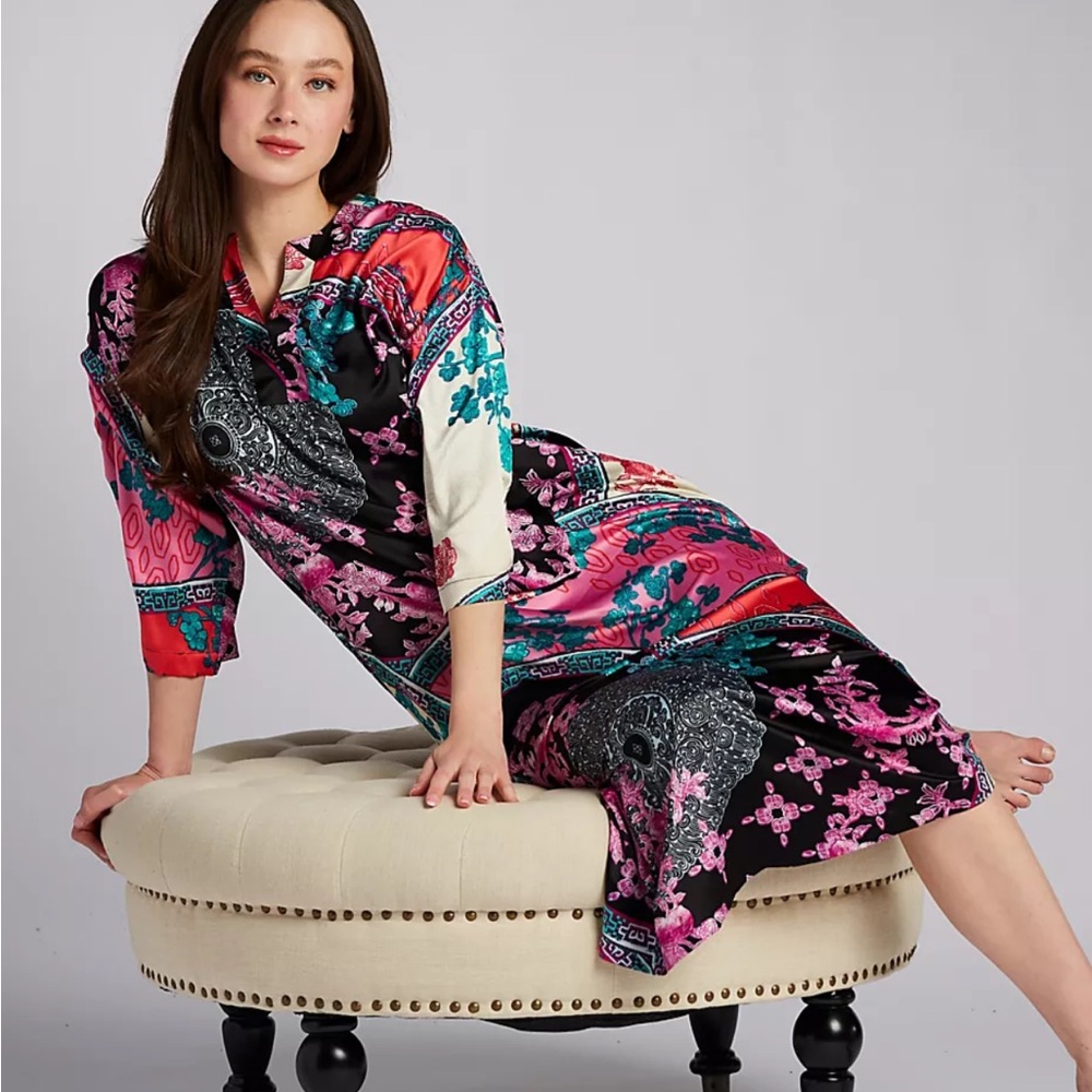 Silky Floral Print Long Sleep Shirt - Pink & Black